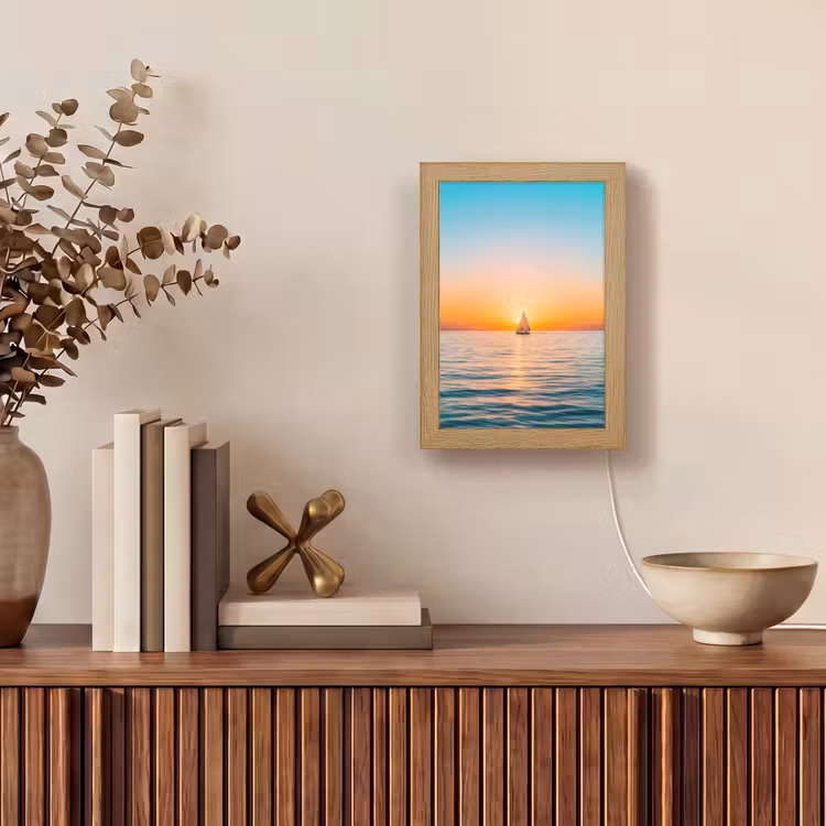 Zee - Zeilboot - Zonsondergang Light Box met kabel (Tafellamp) klein -sfeer2