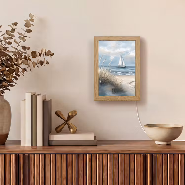 Zee - Zeilboot - Strand - Duinen - Vintage Light Box met kabel (Tafellamp) klein -sfeer2