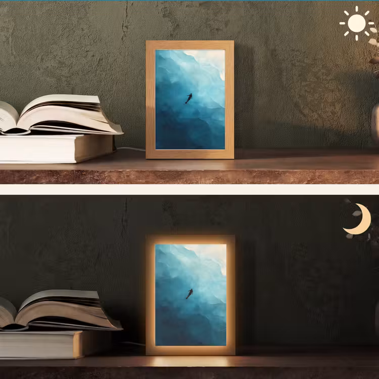 Zee - Silhouet - Abstract - Blauw Light Box met kabel (Tafellamp) klein -sfeer3