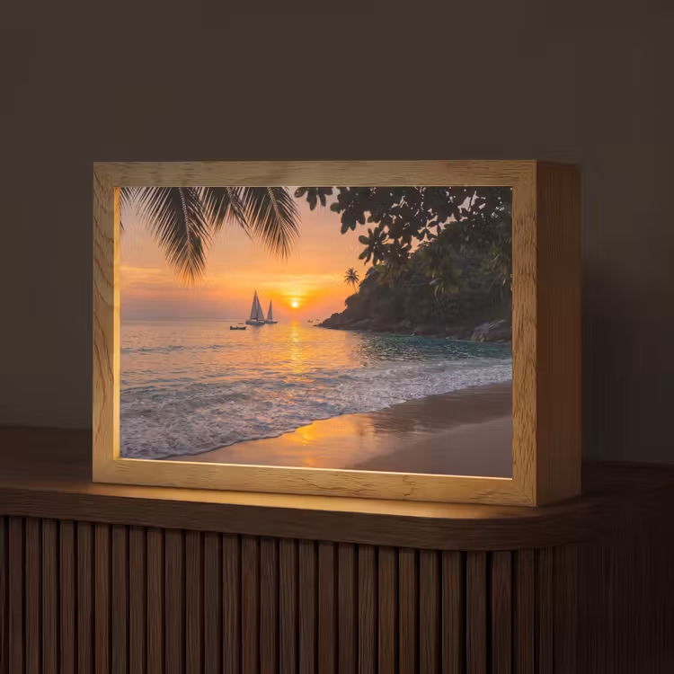 Zee - Zonsondergang - Boot - Natuur - Oranje Light Box met kabel (Tafellamp) klein -z3d_website