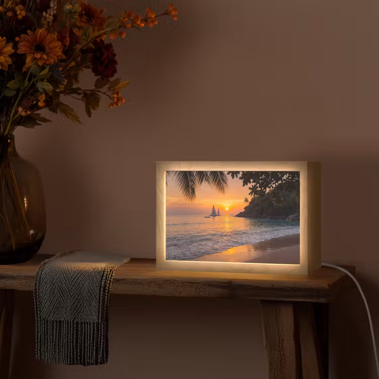 Zee - Zonsondergang - Boot - Natuur - Oranje Light Box met kabel (Tafellamp) klein -sfeer4
