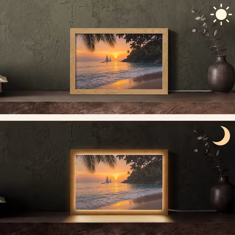 Zee - Zonsondergang - Boot - Natuur - Oranje Light Box met kabel (Tafellamp) klein -sfeer3