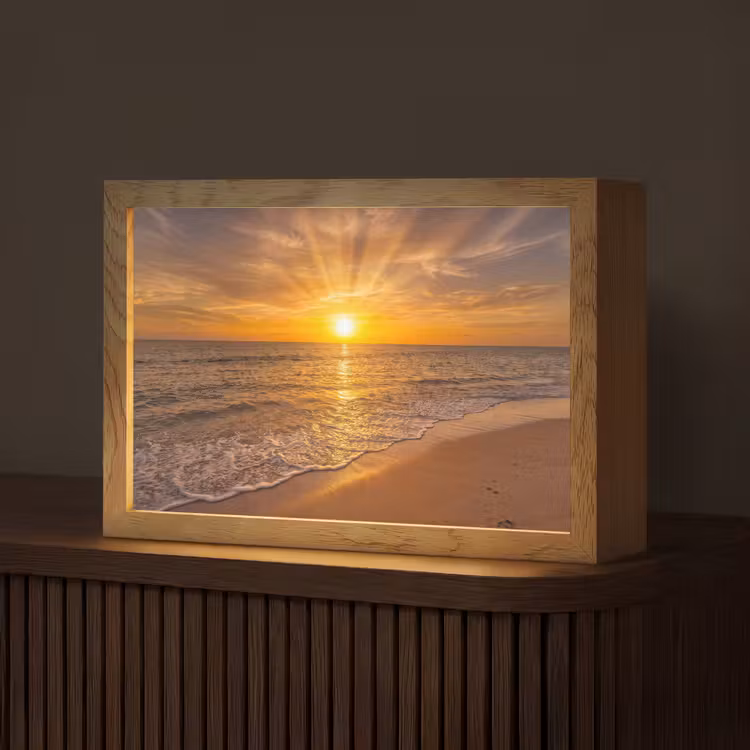 Zee - Zonsondergang - Golven - Kust - Oranje Light Box met kabel (Tafellamp) klein -z3d_website