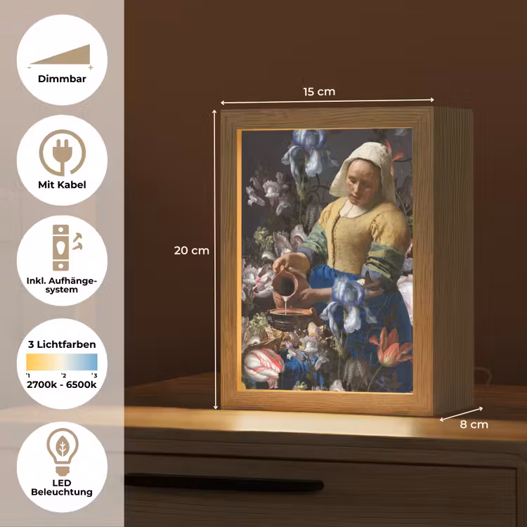 Melkmeisje - Johannes Vermeer - Bloemen Light Box met kabel (Tafellamp) klein -USP_DE