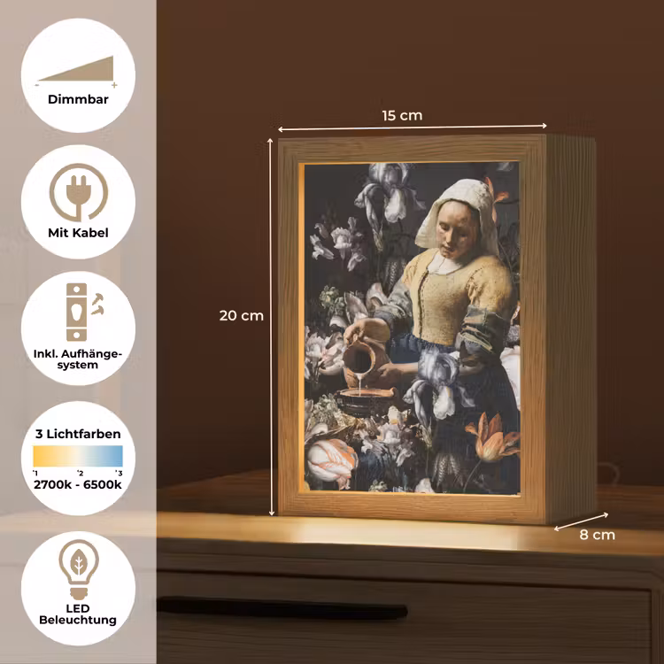 Melkmeisje - Johannes Vermeer - Bloemen - Blauw Light Box met kabel (Tafellamp) klein -USP_DE