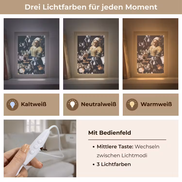 Melkmeisje - Johannes Vermeer - Bloemen - Blauw Light Box met kabel (Tafellamp) klein -USP_lichtkleurDE