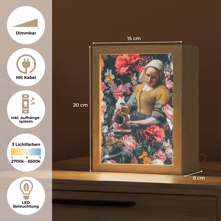 Melkmeisje - Johannes Vermeer - Bloemen - Roze Light Box met kabel (Tafellamp) klein -USP_DE
