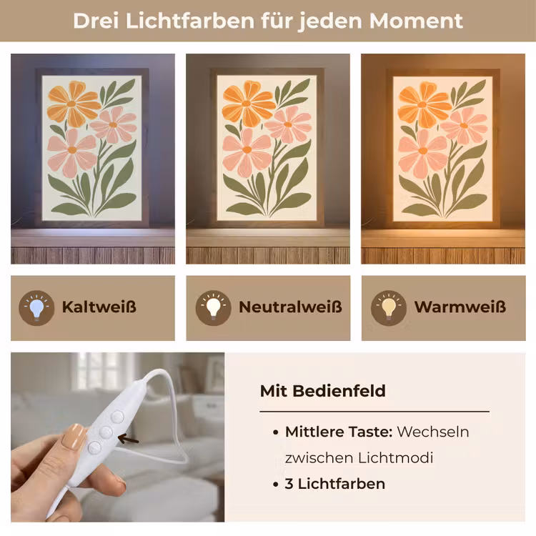Minimalistisch - Bloemen - Bladeren - Roze Light Box met kabel (Tafellamp) klein -USP_lichtkleurDE