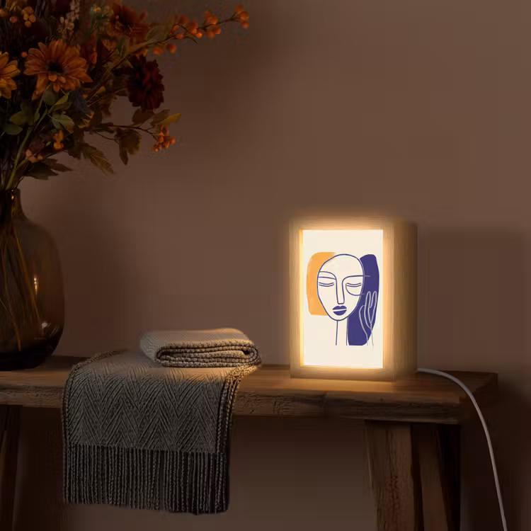 Minimalistisch - Gezicht - Hand - Oranje - Blauw Light Box met kabel (Tafellamp) klein -sfeer4