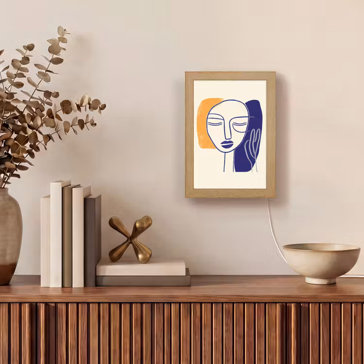 Minimalistisch - Gezicht - Hand - Oranje - Blauw Light Box met kabel (Tafellamp) klein -sfeer2