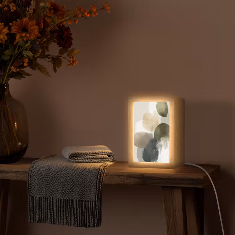 Minimalistisch - Cirkels - Penseelstreken - Beige Light Box met kabel (Tafellamp) klein -sfeer4