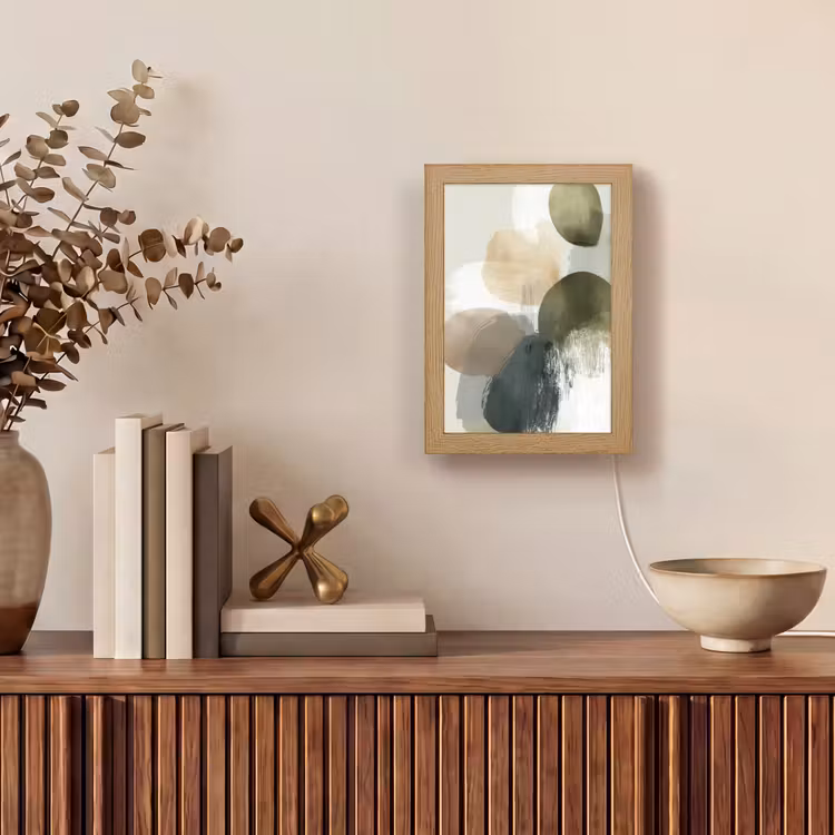 Minimalistisch - Cirkels - Penseelstreken - Beige Light Box met kabel (Tafellamp) klein -sfeer2