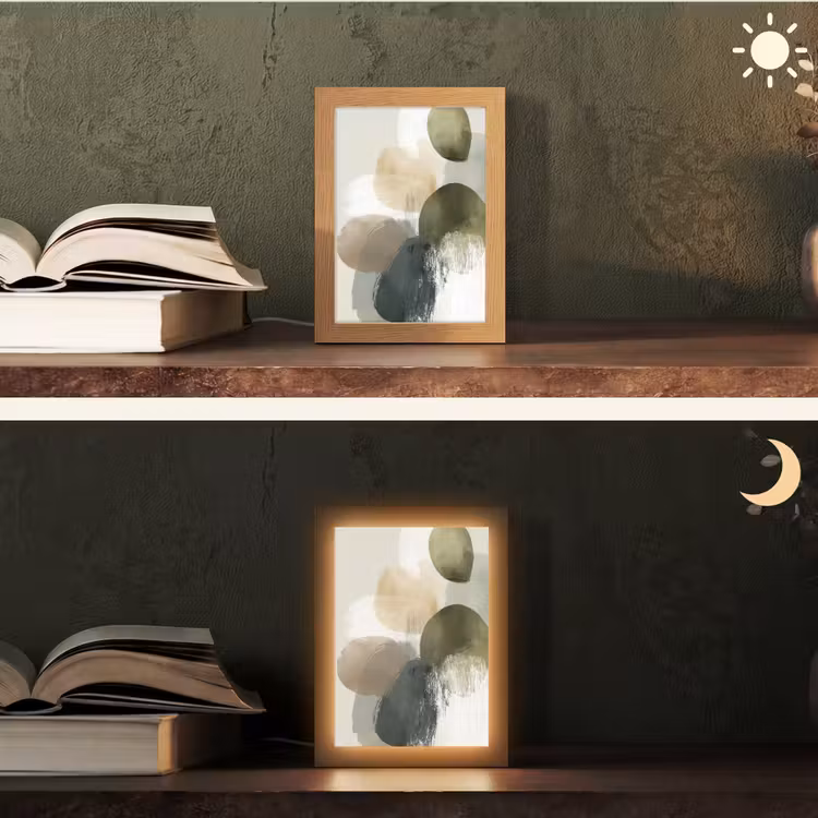 Minimalistisch - Cirkels - Penseelstreken - Beige Light Box met kabel (Tafellamp) klein -sfeer3
