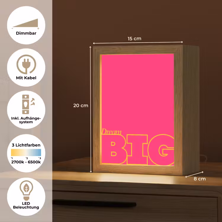 Minimalistisch - Roze - Dream big - Grafisch Light Box met kabel (Tafellamp) klein -USP_DE