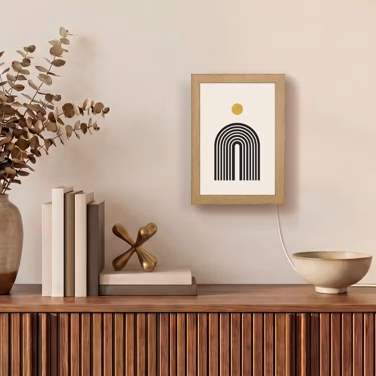 Minimalistisch - Zwarte boog - Gouden cirkel Light Box met kabel (Tafellamp) klein -sfeer2