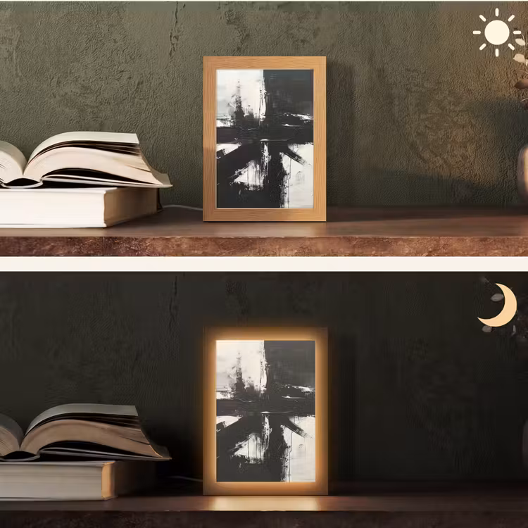 Modern - Zwart wit - Abstract - Kunst Light Box met kabel (Tafellamp) klein -sfeer3