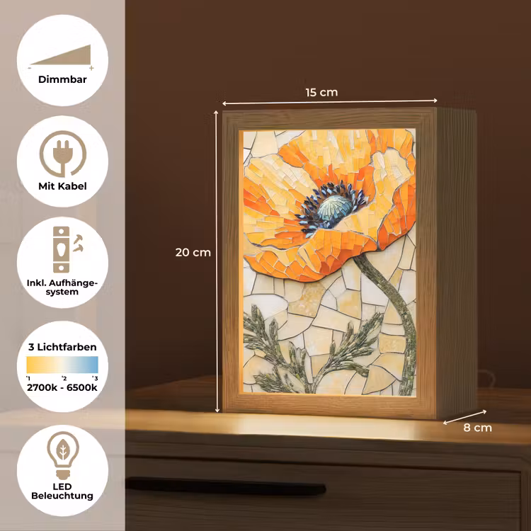 Klaprozen - Oranje - Mozaïek - Bladeren Light Box met kabel (Tafellamp) klein -USP_DE