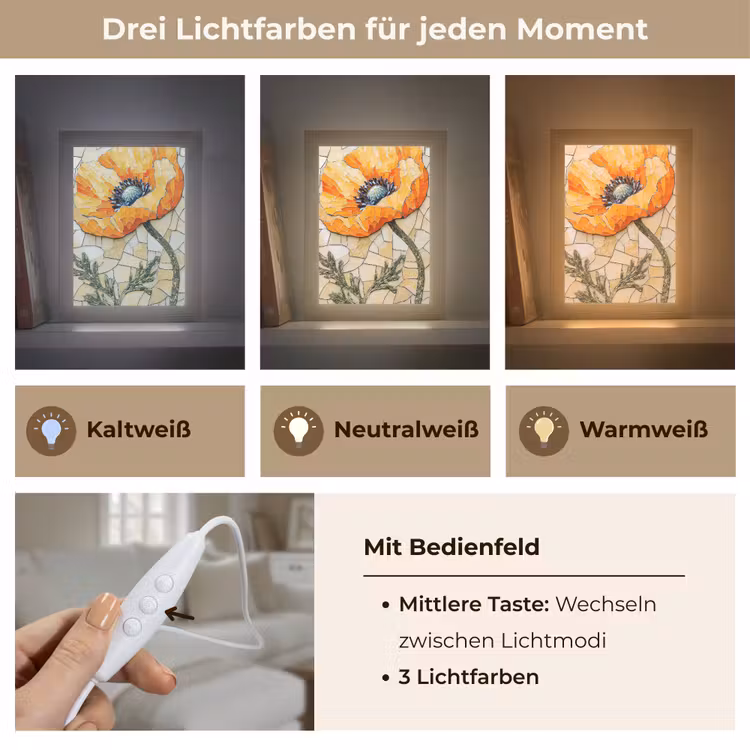 Klaprozen - Oranje - Mozaïek - Bladeren Light Box met kabel (Tafellamp) klein -USP_lichtkleurDE