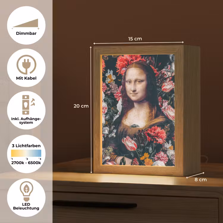 Mona Lisa - Leonardo da Vinci - Bloemen - Roze Light Box met kabel (Tafellamp) klein -USP_DE