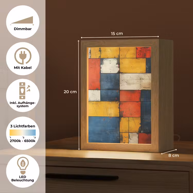 Mondriaan stijl - Kunst - Kleurrijk - Modern Light Box met kabel (Tafellamp) klein -USP_DE