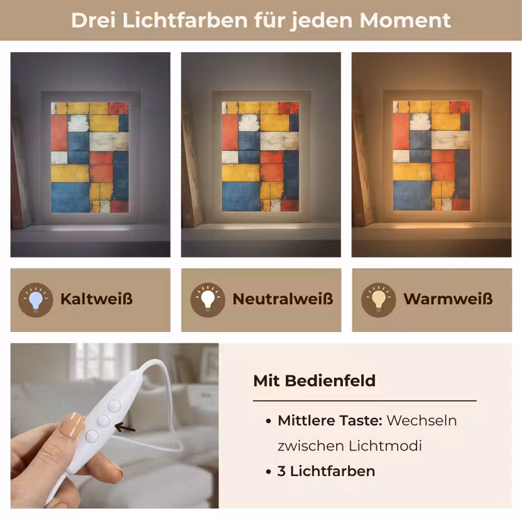 Mondriaan stijl - Kunst - Kleurrijk - Modern Light Box met kabel (Tafellamp) klein -USP_lichtkleurDE