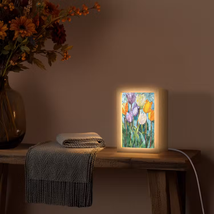 Mozaïek - Veld - Tulpen - Kleurrijk Light Box met kabel (Tafellamp) klein -sfeer4