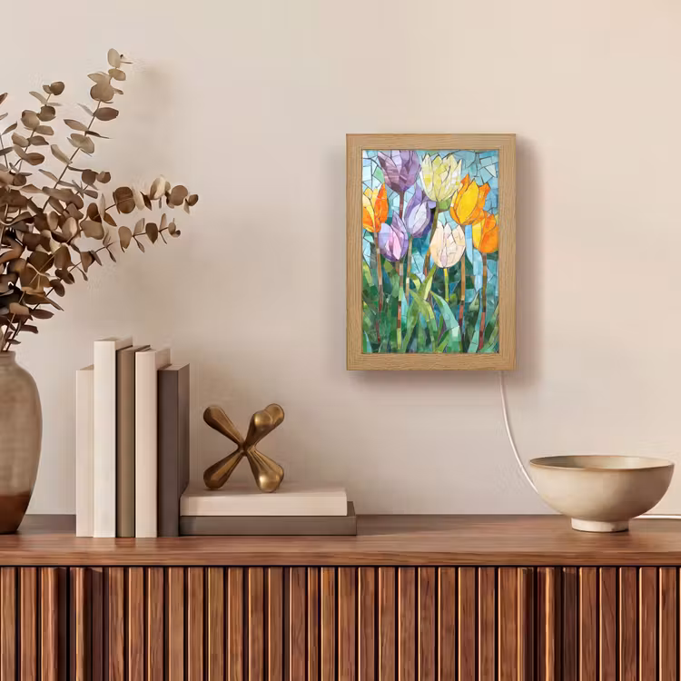 Mozaïek - Veld - Tulpen - Kleurrijk Light Box met kabel (Tafellamp) klein -sfeer2