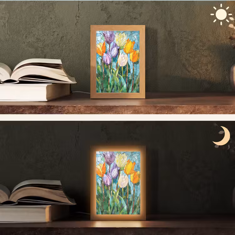 Mozaïek - Veld - Tulpen - Kleurrijk Light Box met kabel (Tafellamp) klein -sfeer3