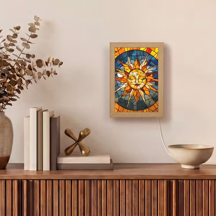 Mozaïek - Zon - Geel - Cirkel Light Box met kabel (Tafellamp) klein -sfeer2