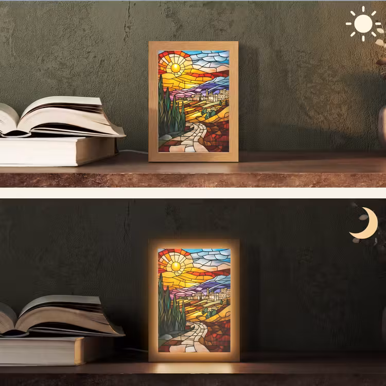Mozaïek - Zon - Landschap - Dorp Light Box met kabel (Tafellamp) klein -sfeer3