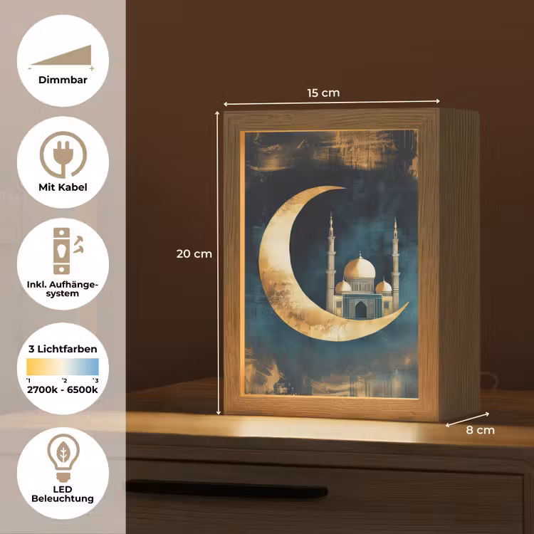 Moskee - Halve maan - Goud - Ramadan - Islamitische Light Box met kabel (Tafellamp) klein -USP_DE