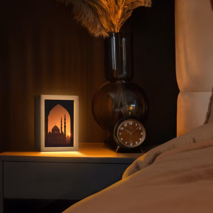 Moskee - Oranje lucht - Islamitisch Light Box met kabel (Tafellamp) klein -sfeer1