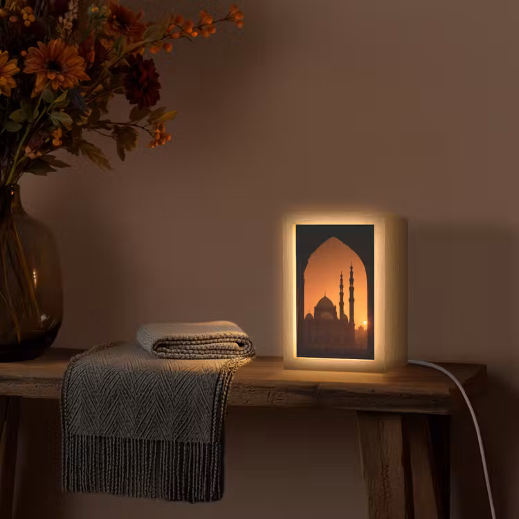 Moskee - Oranje lucht - Islamitisch Light Box met kabel (Tafellamp) klein -sfeer4