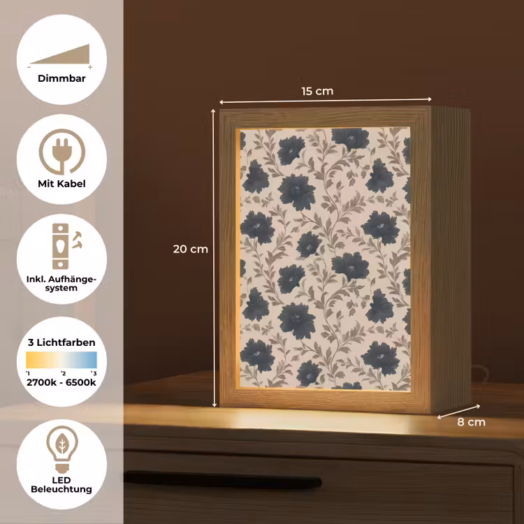 Motief - Bloemen - Zwart - Beige Light Box met kabel (Tafellamp) klein 925 -USP_DE
