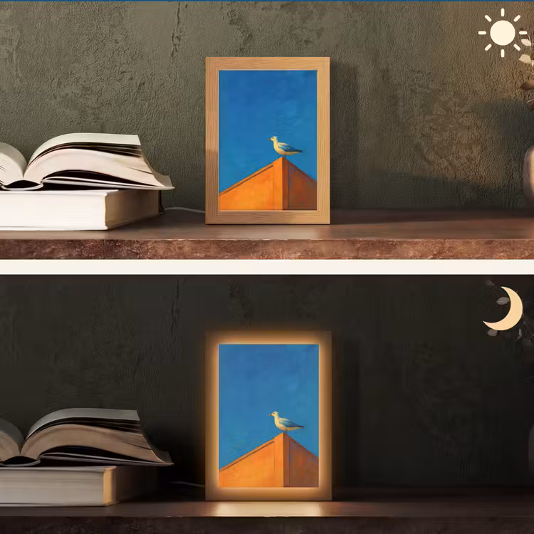 Meeuw - Gebouw - Lucht - Geschilderd Light Box met kabel (Tafellamp) klein -sfeer3