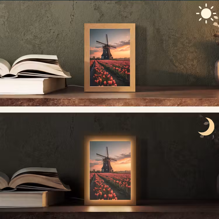 Molen - Zonsondergang - Tulpen - Rood Light Box met kabel (Tafellamp) klein -sfeer3
