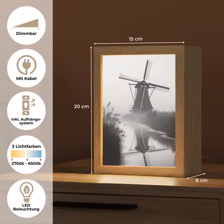 Molen - Weerspiegeling - Landschap - Water Light Box met kabel (Tafellamp) klein -USP_DE