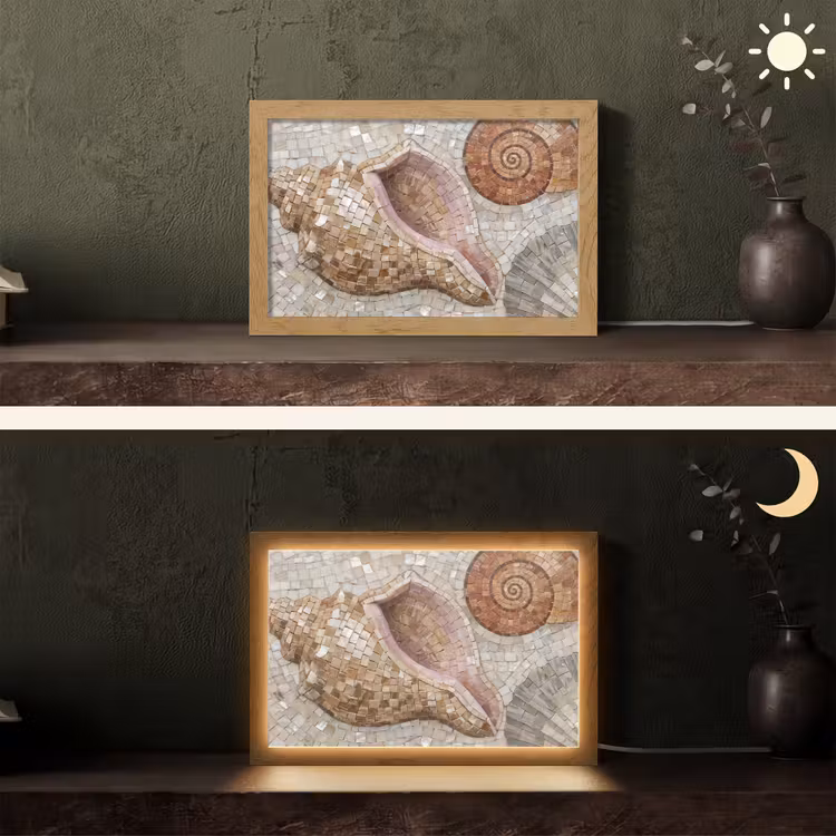 Schelp - Mozaïek - Zee - Beige - Modern Light Box met kabel (Tafellamp) klein -sfeer3