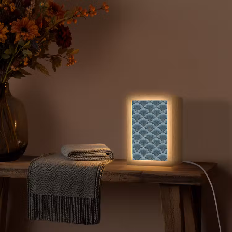 Patroon - Ginkgoblad - Blauw Light Box met kabel (Tafellamp) klein 925 -sfeer4