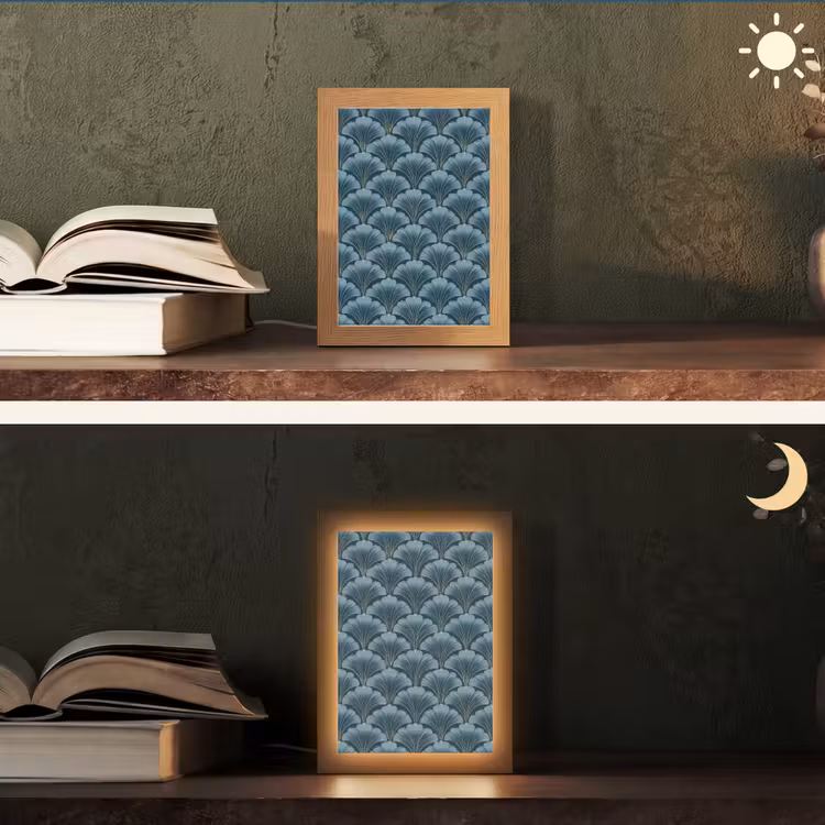 Patroon - Ginkgoblad - Blauw Light Box met kabel (Tafellamp) klein 925 -sfeer3