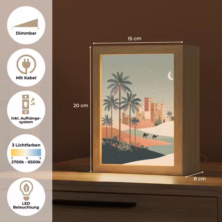 Nachtlandschap - Kamelen - Sterren - zandduinden Light Box met kabel (Tafellamp) klein -USP_DE
