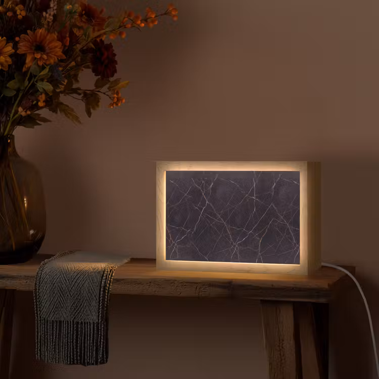 Natuursteen - Marmerpatroon - Abstract - Modern - Zwart - Goud Light Box met kabel (Tafellamp) klein -sfeer4