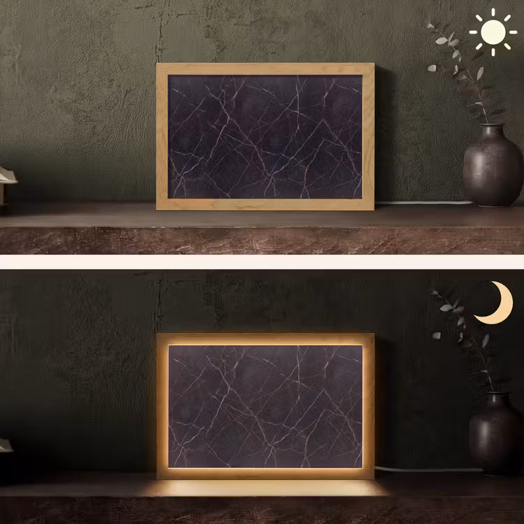 Natuursteen - Marmerpatroon - Abstract - Modern - Zwart - Goud Light Box met kabel (Tafellamp) klein -sfeer3
