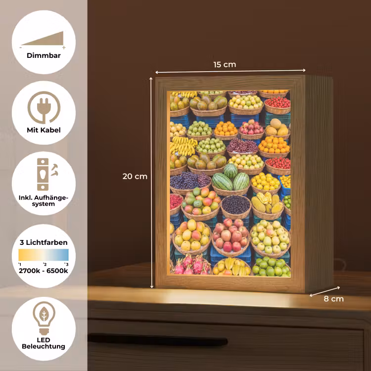 Tischlampe - Obst – Markt – Bunt - Fruit - Markt - Kleurrijk Light Box met kabel (Tafellamp) klein