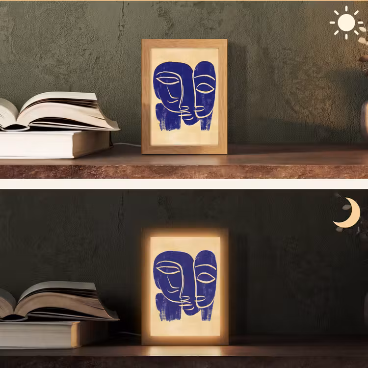 Okergeel - Blauw - Eenvoudige lijnen Light Box met kabel (Tafellamp) klein -sfeer3