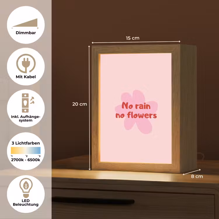 No rain no flowers - Bloem - Roze Light Box met kabel (Tafellamp) klein -USP_DE