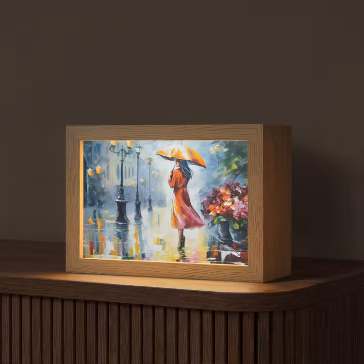 Olieverf - Paraplu - Vrouw - Straat - Kunst Light Box met kabel (Tafellamp) klein -z3d_website