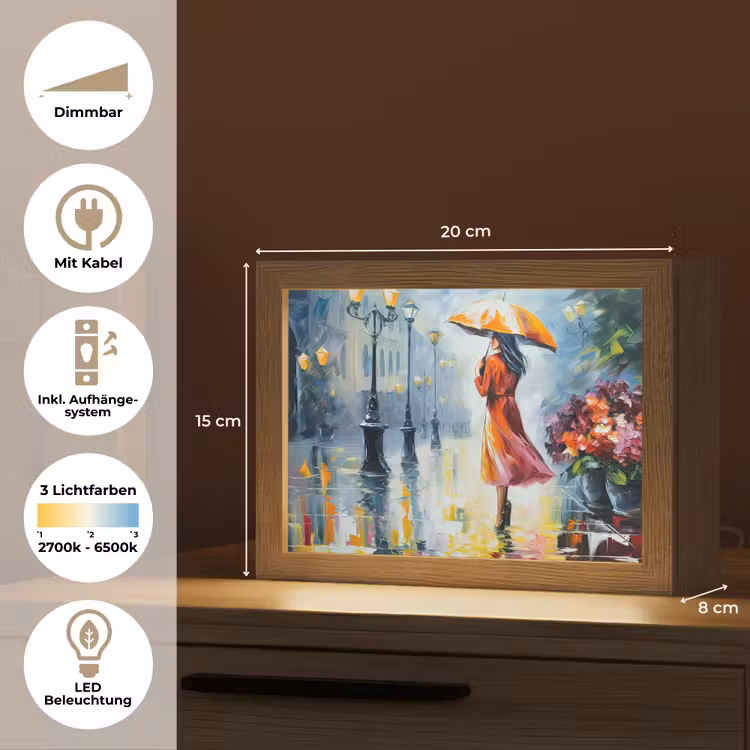 Olieverf - Paraplu - Vrouw - Straat - Kunst Light Box met kabel (Tafellamp) klein -USP_DE