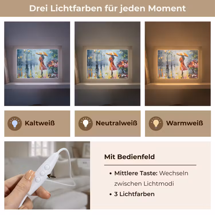 Olieverf - Paraplu - Vrouw - Straat - Kunst Light Box met kabel (Tafellamp) klein -USP_lichtkleurDE