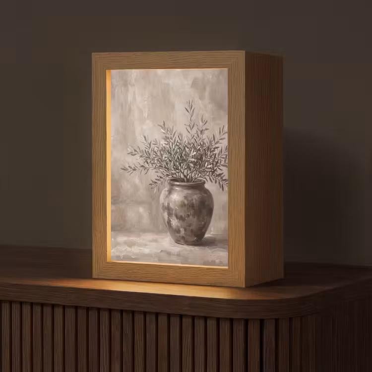 Olijfplant - Aardenpot - Abstract - Beige Light Box met kabel (Tafellamp) klein -z3d_website